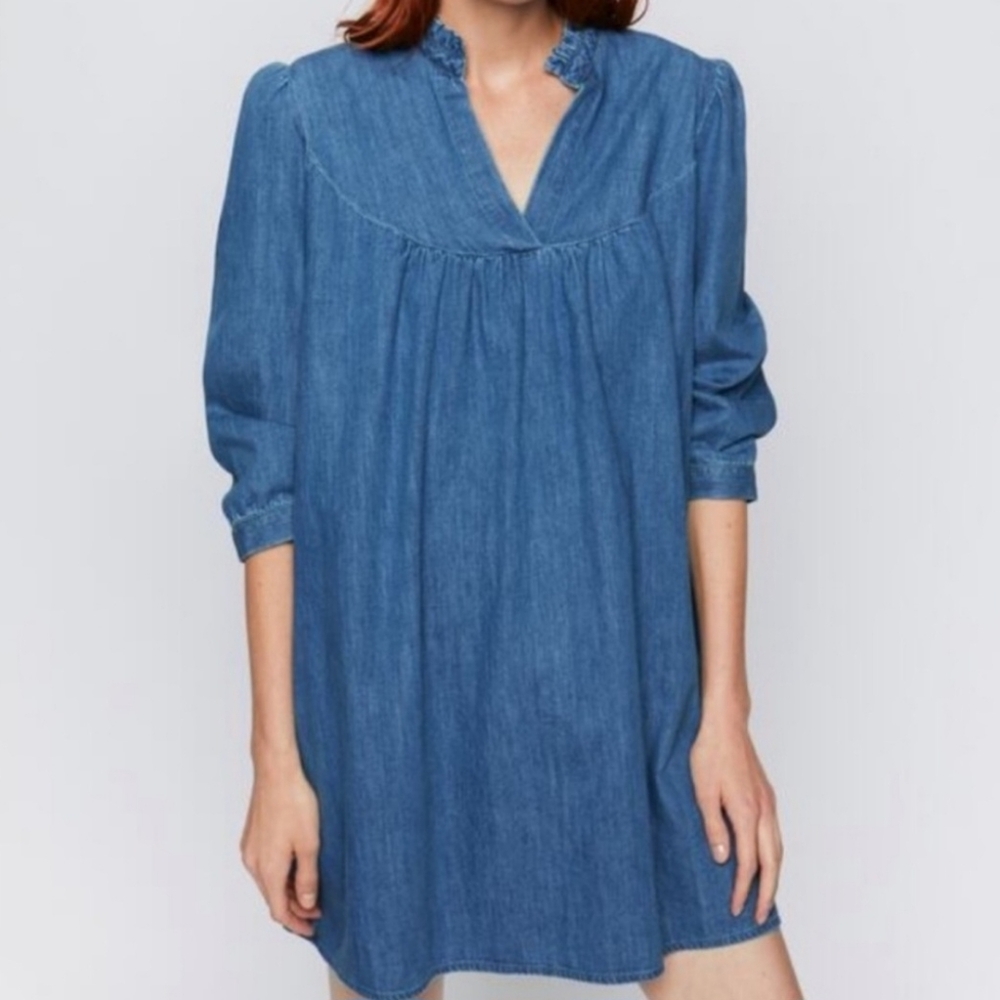 Zara Babydoll Denim 100% Cotton Jean Mini Dress Size Medium pockets